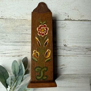 Vintage Rustic Hand Painted Floral Wooden Fireplace Match Holder Wall Pocket